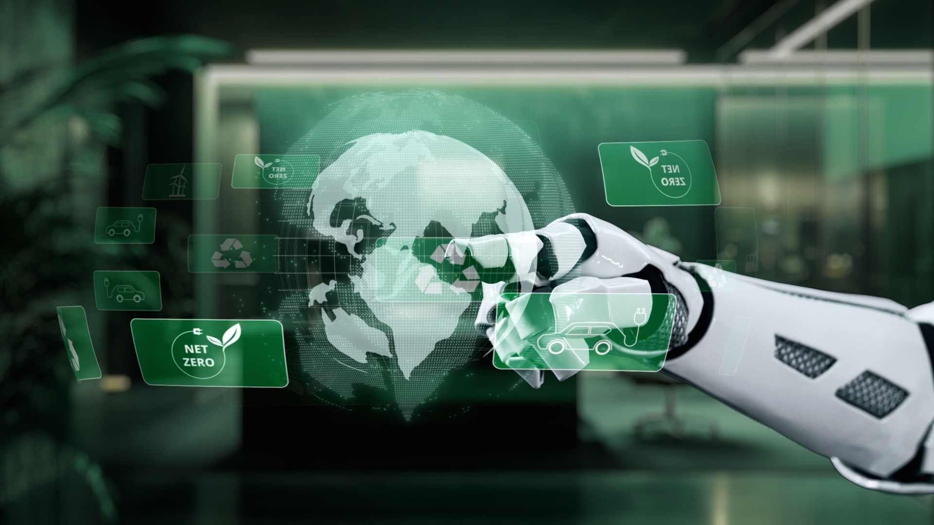 Futuristic Robot Hand Interacting with Digital Earth Globe Displaying Environmental Sustainability Concepts and Eco-Friendly Innovations. Auvana