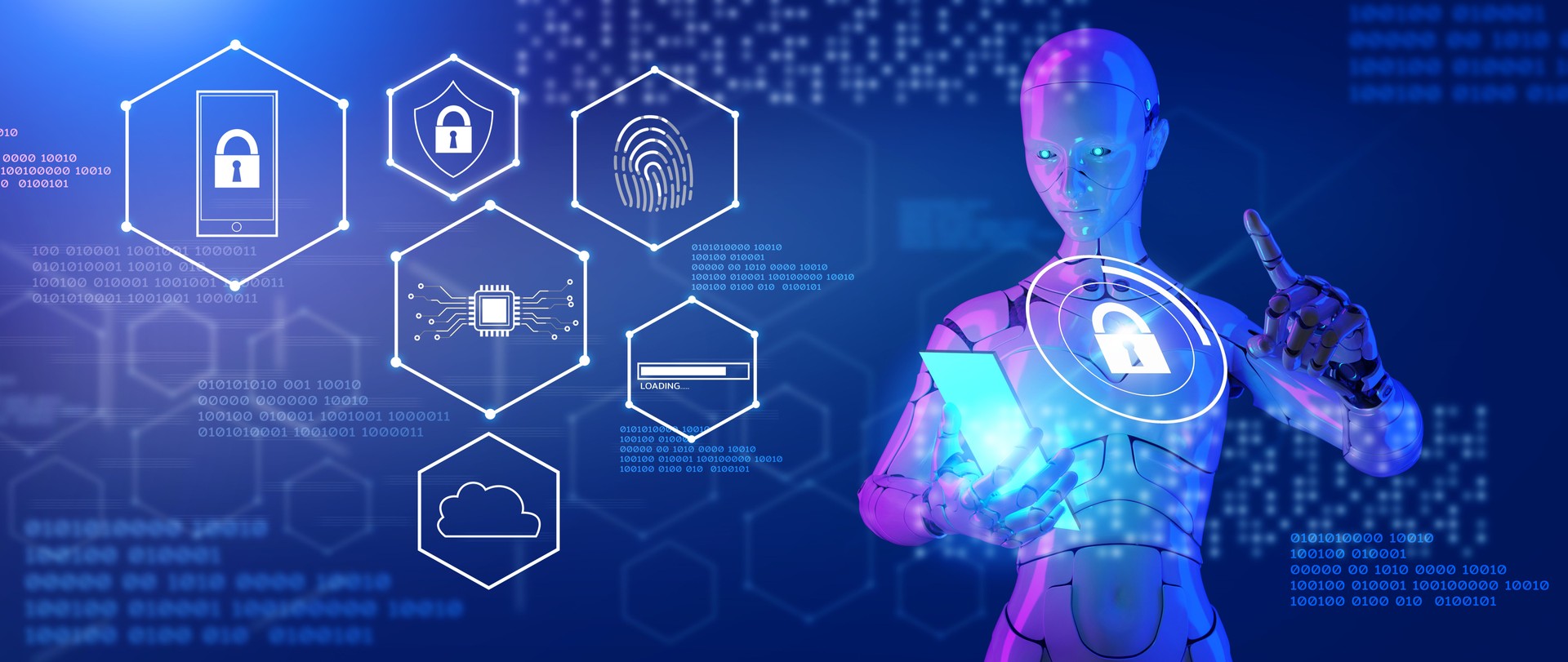 Cybersecurity, cybercrime,  internet scam, 3D robot digital network technology computer virus attack risk protection, identity privacy data hacking, AI artificial intelligence firewall