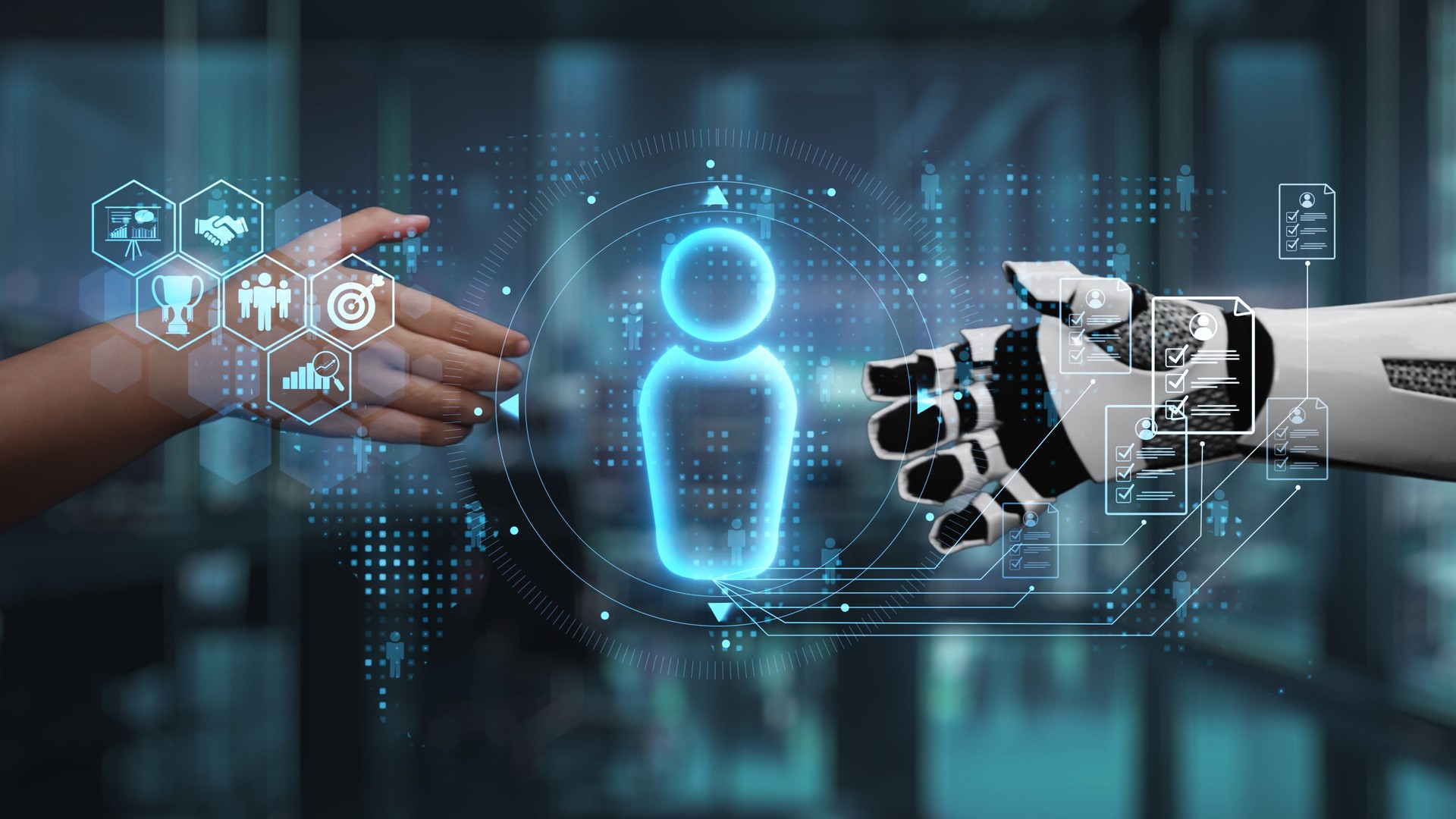 Human and Robot Hand Interaction Symbolizing Future Collaboration and Technological Advancement in Innovative Business Environment. Auvana